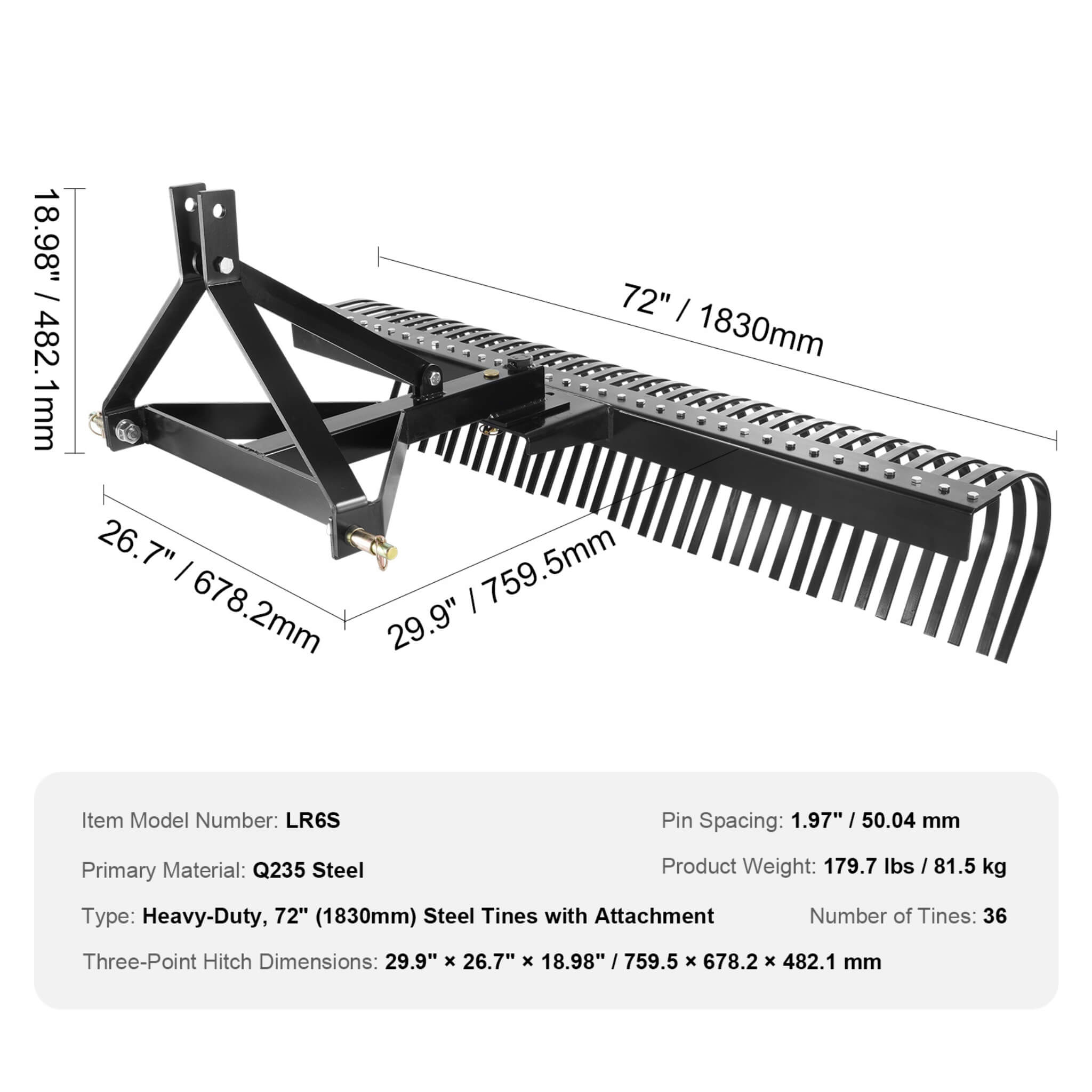 Heavy-Duty 72-Inch 3-Point Tow Behind Tractor Dethatcher Attachment With Steel Tines (SAK79426)