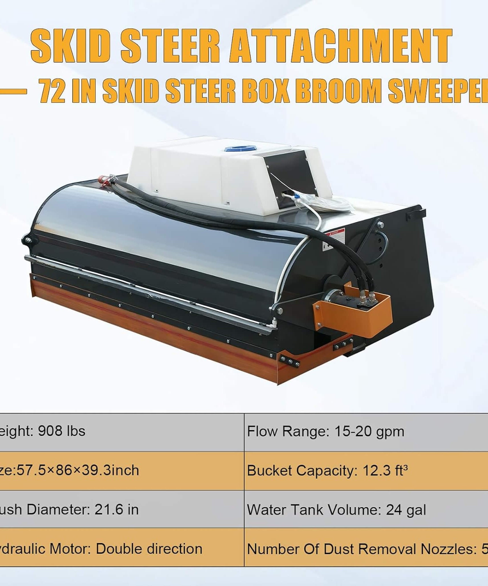 Heavy-Duty 72-Inch Hydraulic Drive Broom Sweeper Skid Steer Attachment With Water Tank (SAK80614)