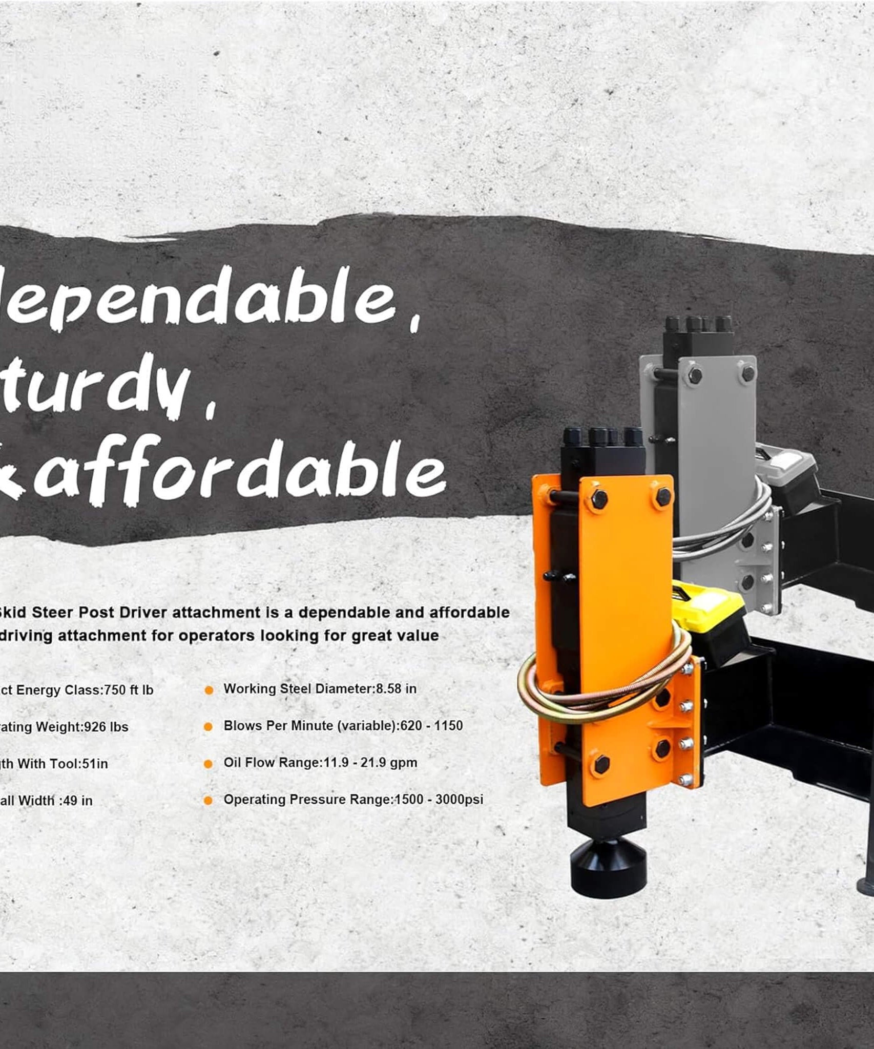 Heavy-Duty 750 FT-LB Hydraulic Skid Steer Pile Hammer Attachment (SAK59134)