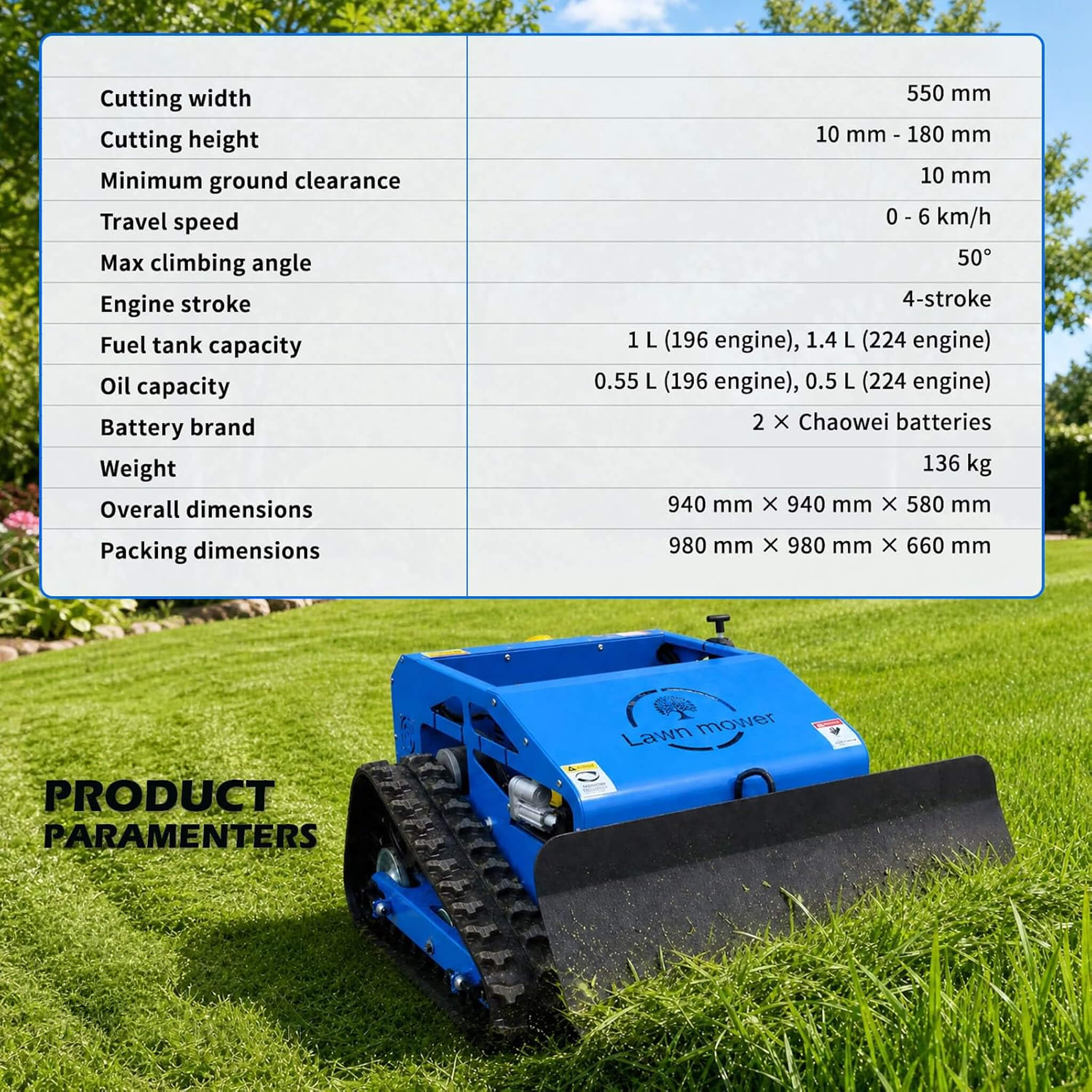 Heavy-Duty 9HP Remote-Controlled Track Gas Lawn Mower With Snow Plow (SAK71268)