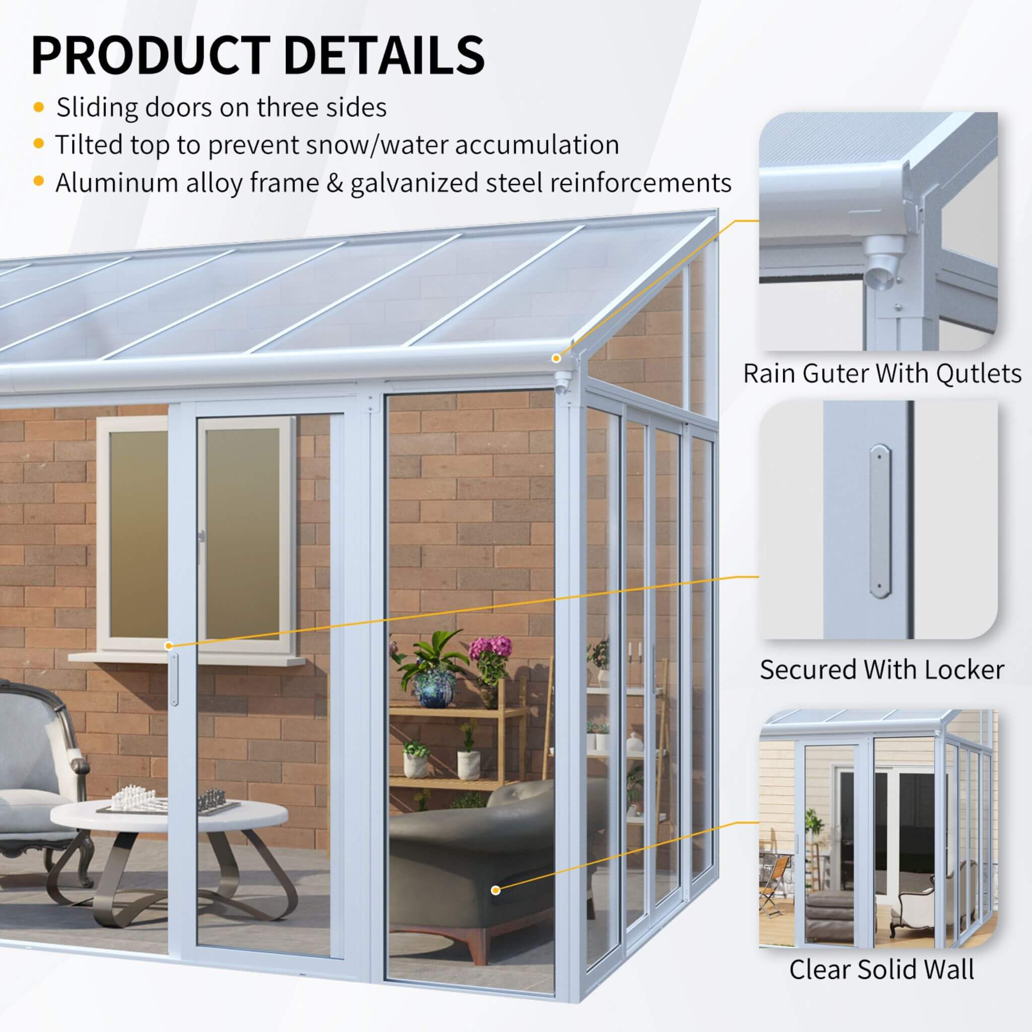 [10X14FT] Alora Lumina Heavy-Duty All-Season Aluminum Alloy Patio Sunroom With 3 Lockable Sliding Doors (SAK62713)