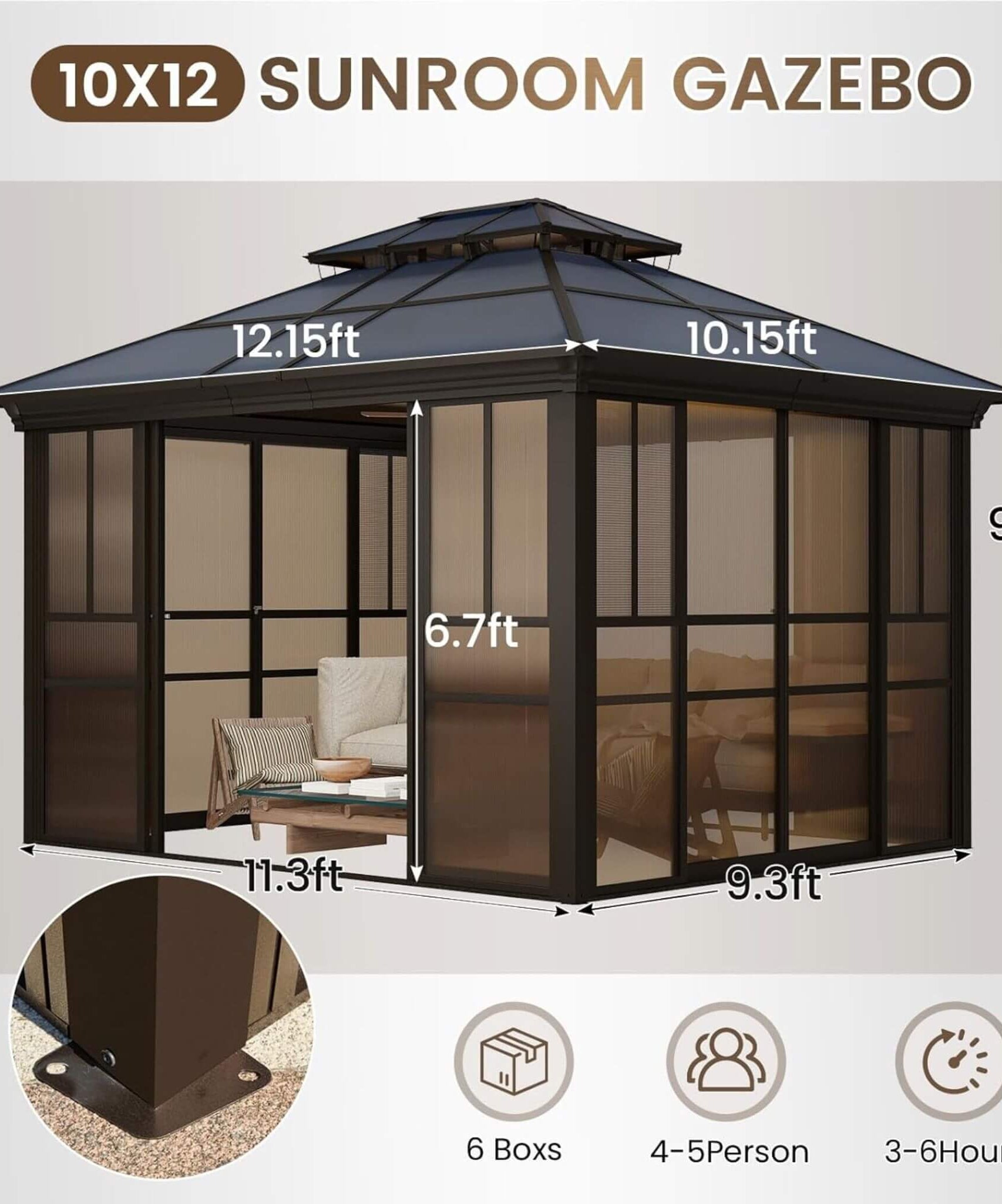 Alora Edge Heavy-Duty Aluminum Frame Outdoor Backyard Solarium With Polycarbornate Roof And Adjustable Panels (SAK68513)