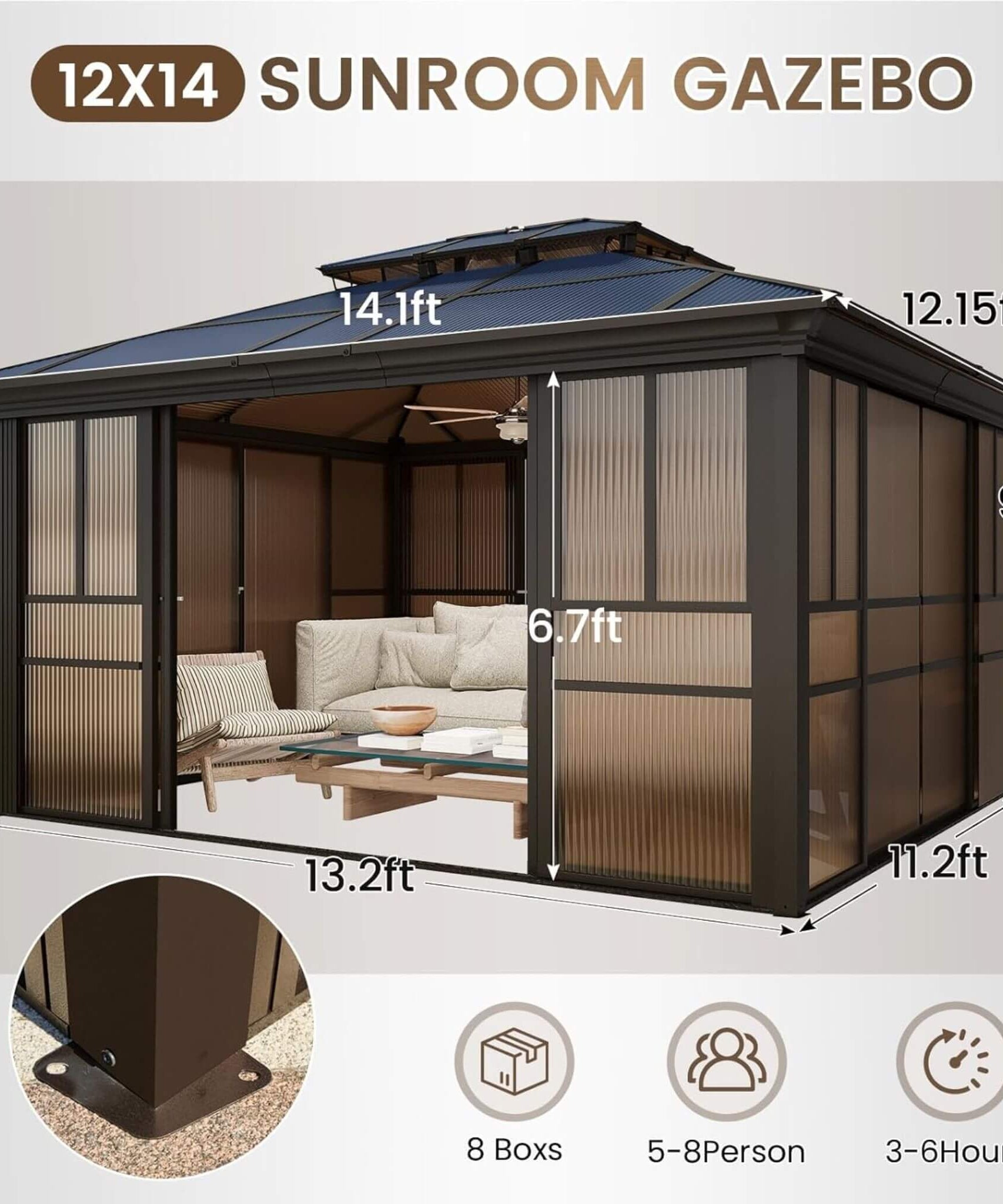 Alora Edge Heavy-Duty Aluminum Frame Outdoor Backyard Solarium With Polycarbornate Roof And Adjustable Panels (SAK68513)
