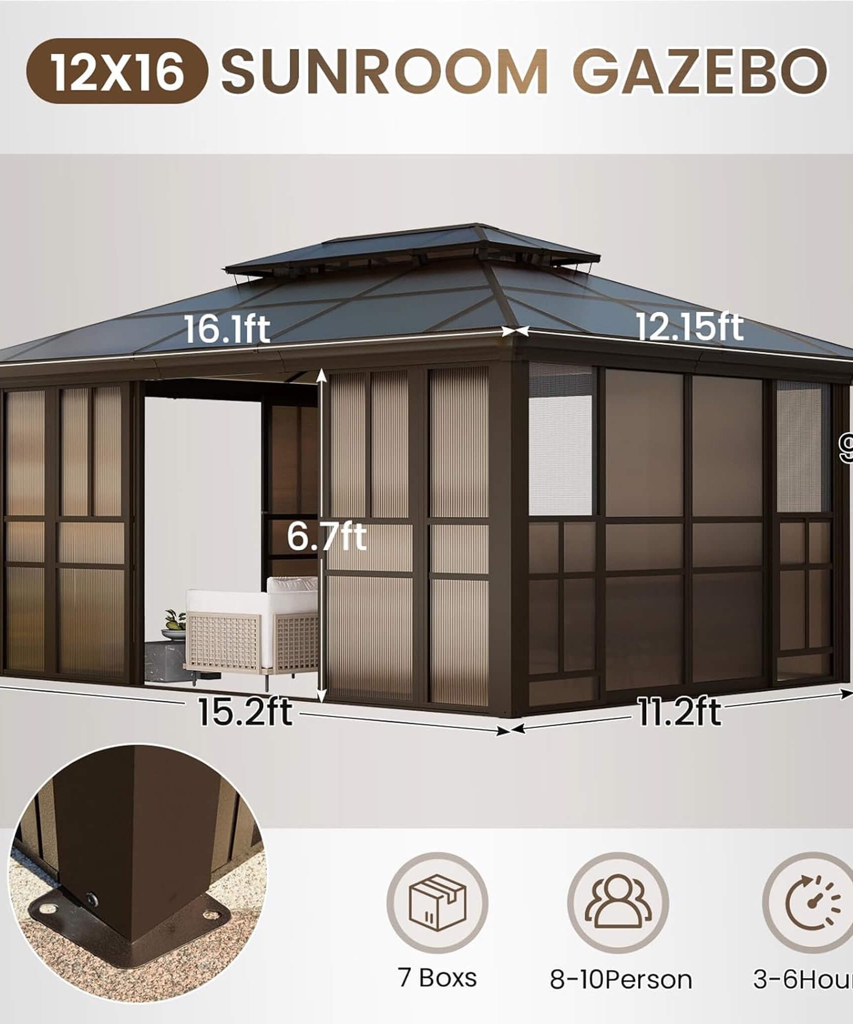 Alora Edge Heavy-Duty Aluminum Frame Outdoor Backyard Solarium With Polycarbornate Roof And Adjustable Panels (SAK68513)