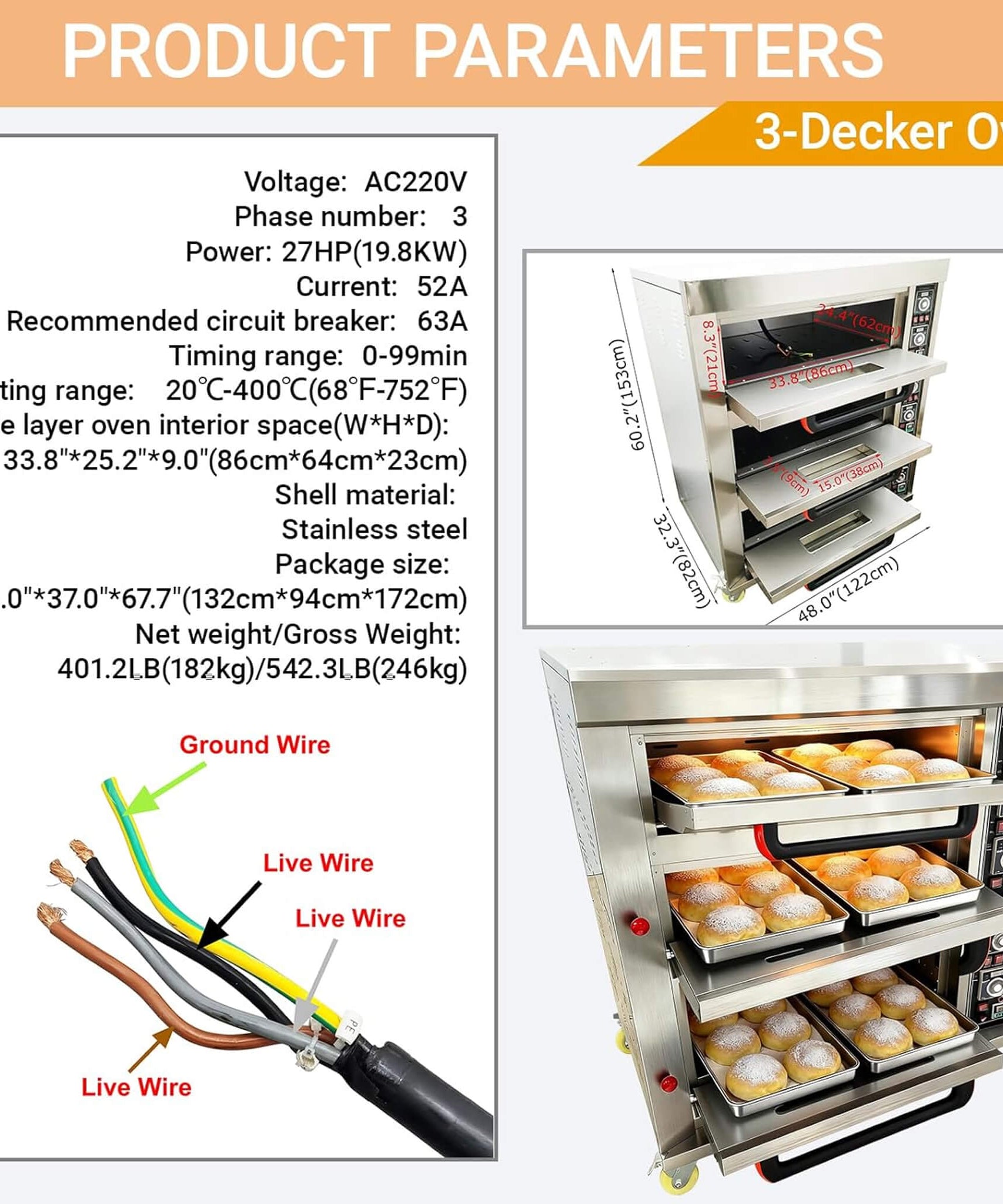 Heavy-Duty Commercial Triple Deck 220V 19.8KW Electric Pizza Oven (SAK56751)