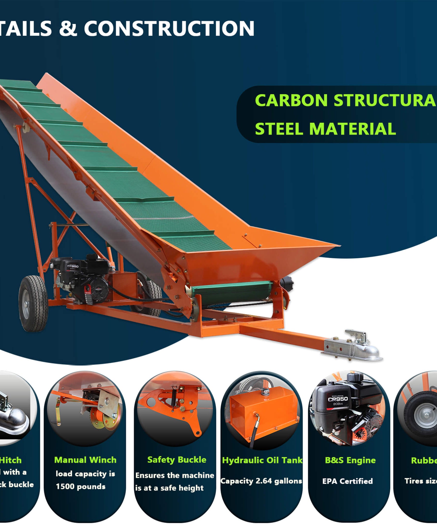 Heavy-Duty Commercial 6.5HP Gasoline Hydraulic High-Speed Wood Conveyor (SAK39524)
