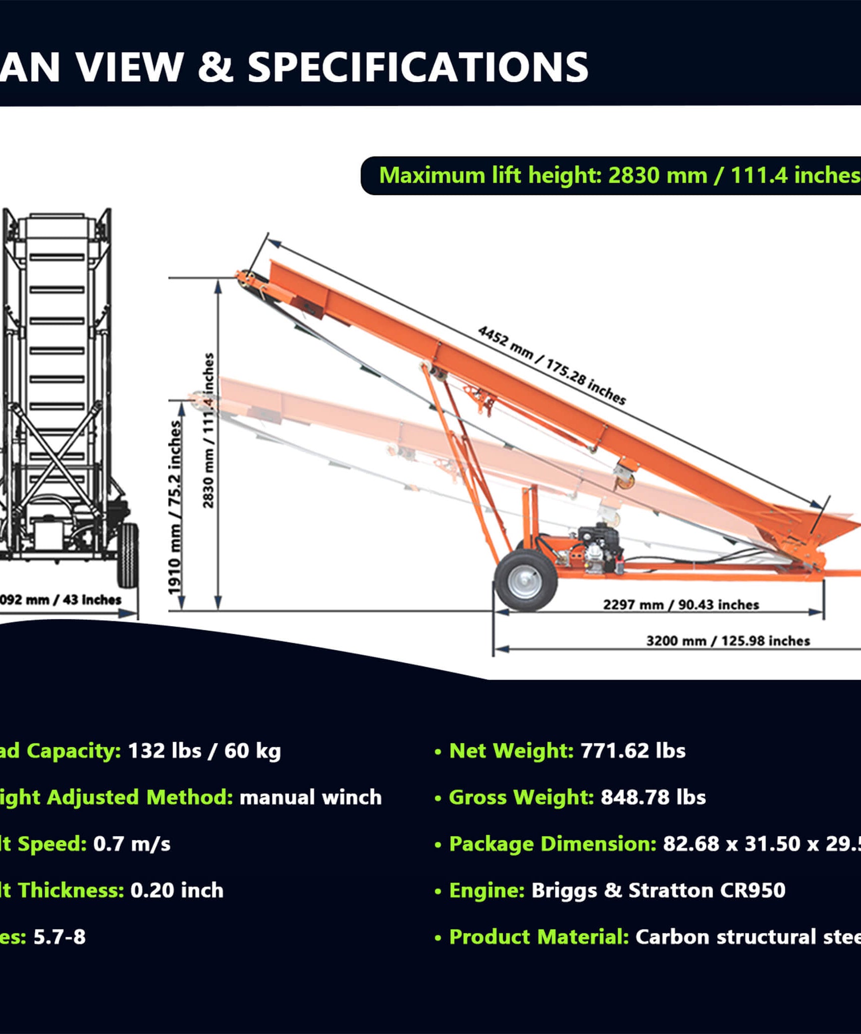 Heavy-Duty Commercial 6.5HP Gasoline Hydraulic High-Speed Wood Conveyor (SAK39524)