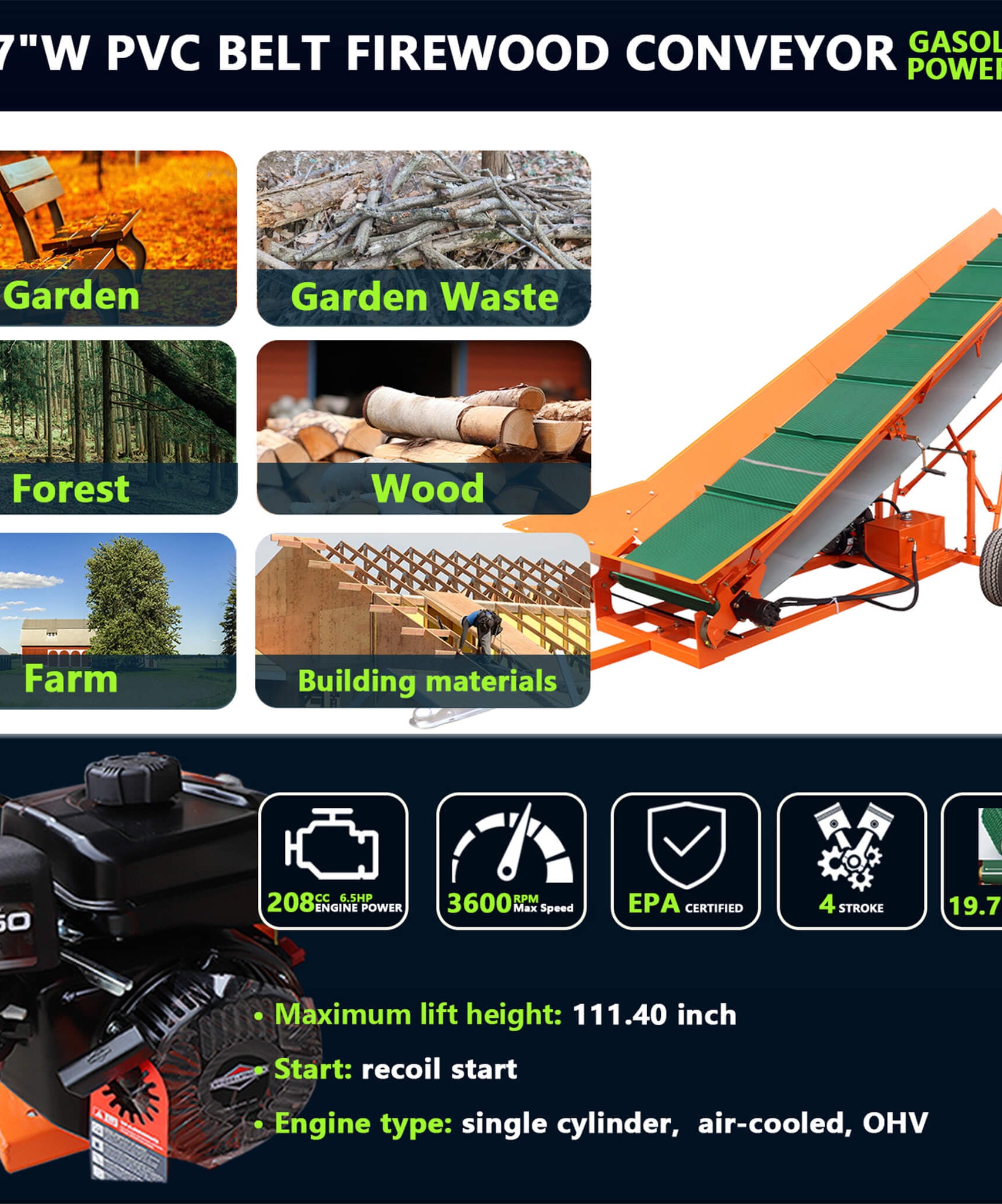 Heavy-Duty Commercial 6.5HP Gasoline Hydraulic High-Speed Wood Conveyor (SAK39524)