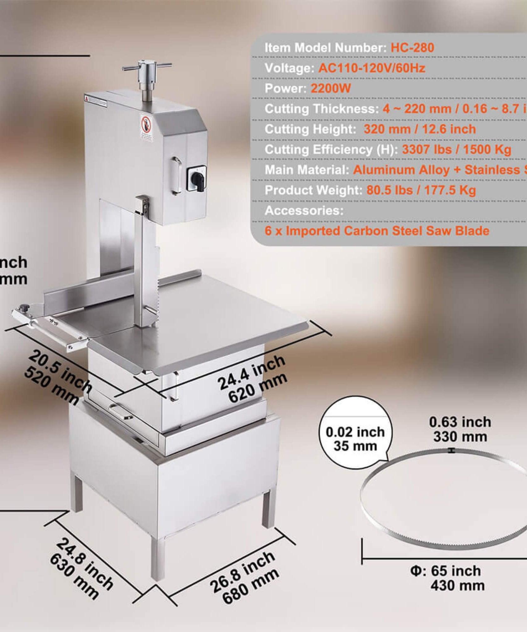Heavy-Duty Commercial 2200W Electric Meat Bone Saw Cutting Band Machine With 6 Saw Blades (SAK91753)