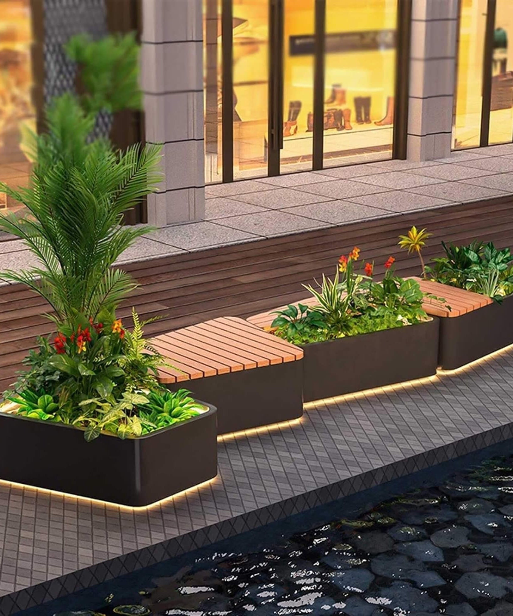 Heavy-Duty Commercial Outdoor Stainless Steel Bench With Wood Seat And Planter Box [Made-To-Order] (SAK41578)