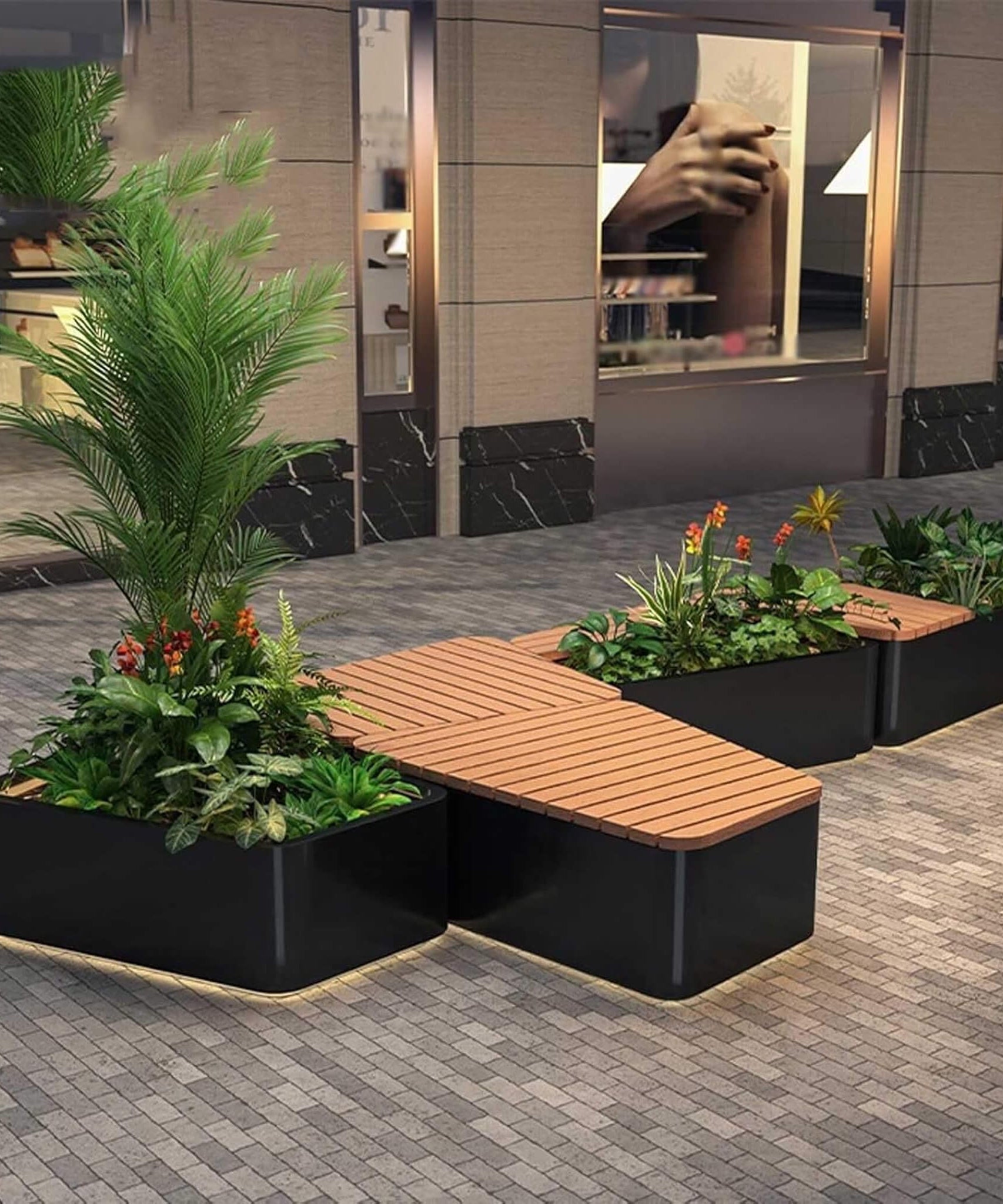 Heavy-Duty Commercial Outdoor Stainless Steel Bench With Wood Seat And Planter Box [Made-To-Order] (SAK41578)