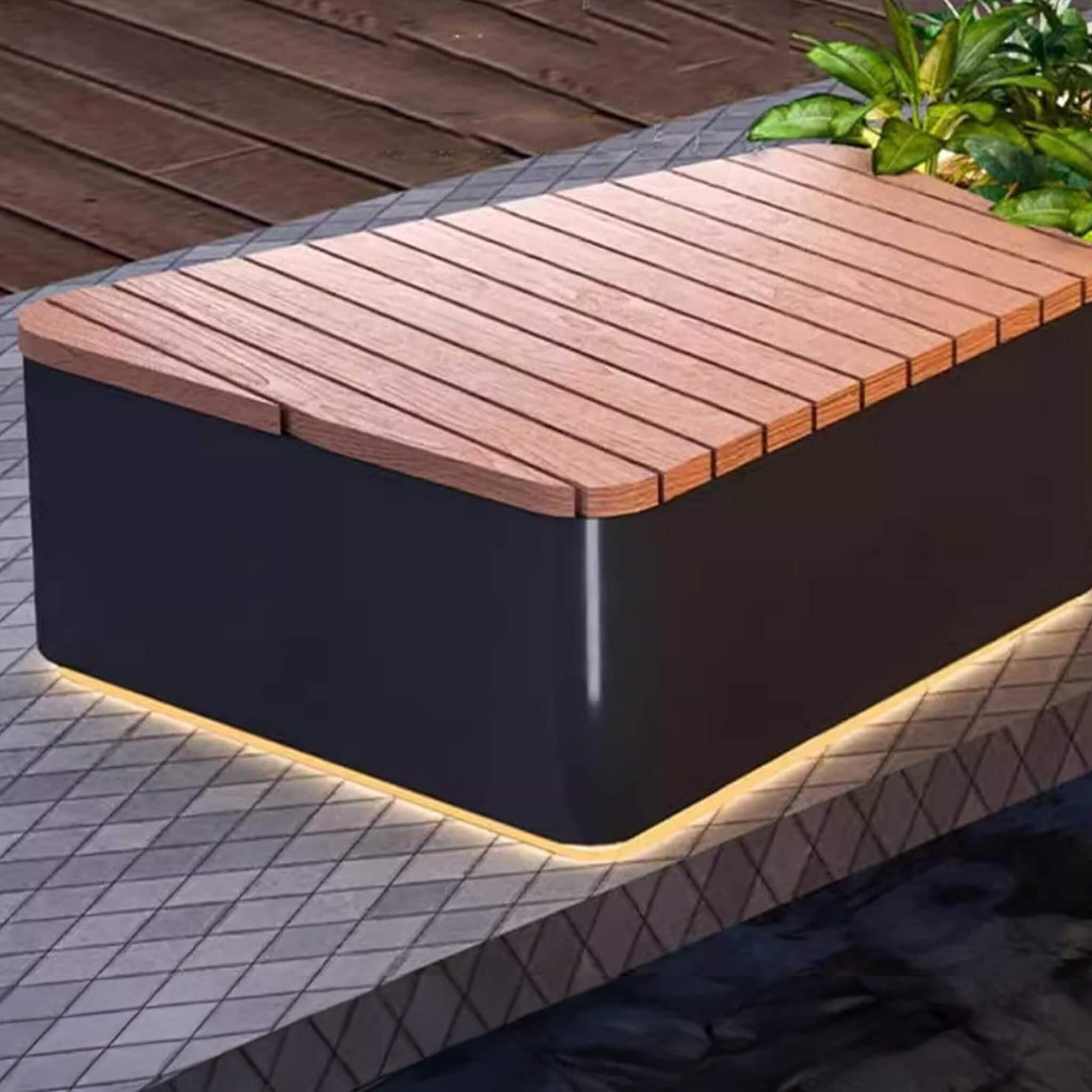 Heavy-Duty Commercial Outdoor Stainless Steel Bench With Wood Seat And Planter Box [Made-To-Order] (SAK41578)