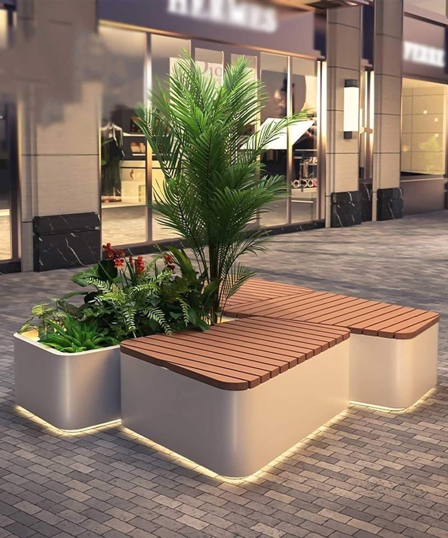 Heavy-Duty Commercial Outdoor Stainless Steel Bench With Wood Seat And Planter Box [Made-To-Order] (SAK41578)