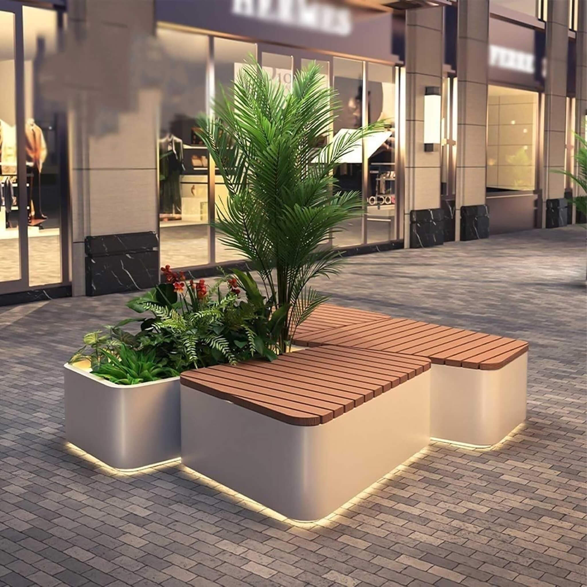 Heavy-Duty Commercial Outdoor Stainless Steel Bench With Wood Seat And Planter Box [Made-To-Order] (SAK41578)