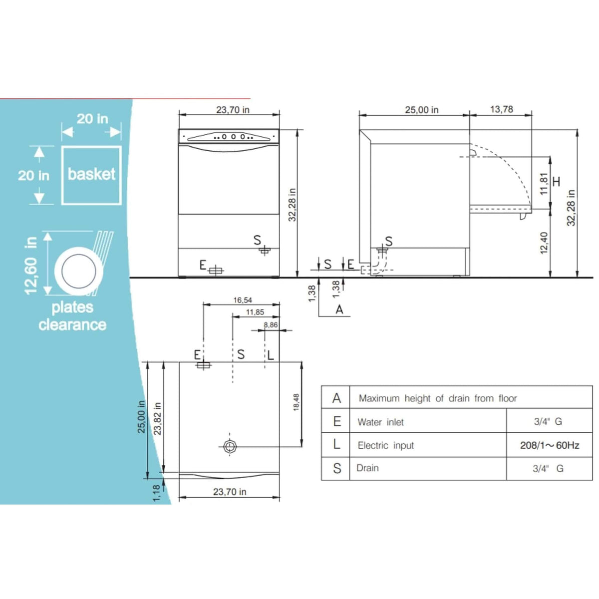 Heavy-Duty Commercial Stainless Steel Undercounter Rack Dishwasher (SAK82046)