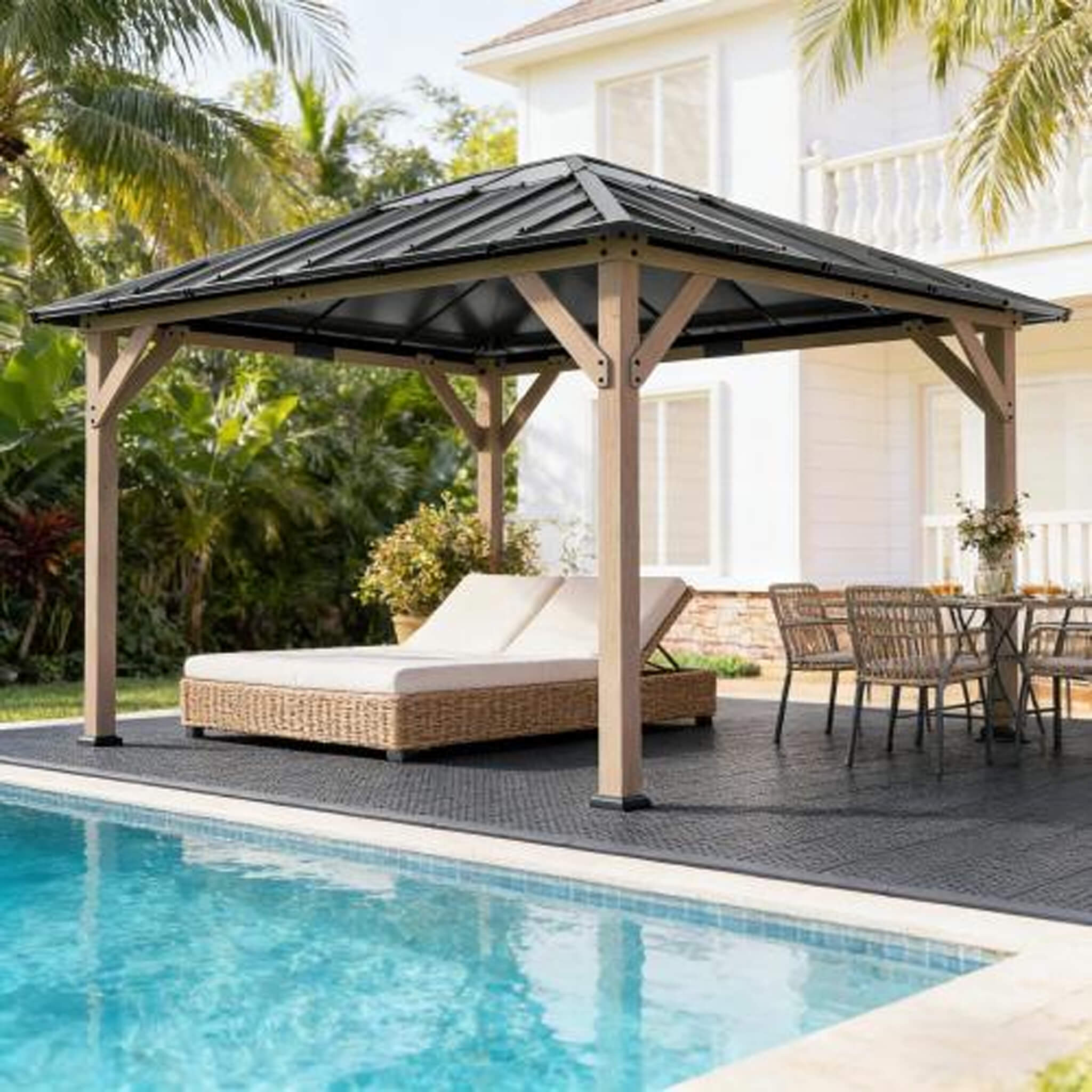 [08X10] Alora Heavy-Duty Fir Wood Hardtop Gazebo With Galvanized Steel Roof And Ceiling Hooks (SAK29467)