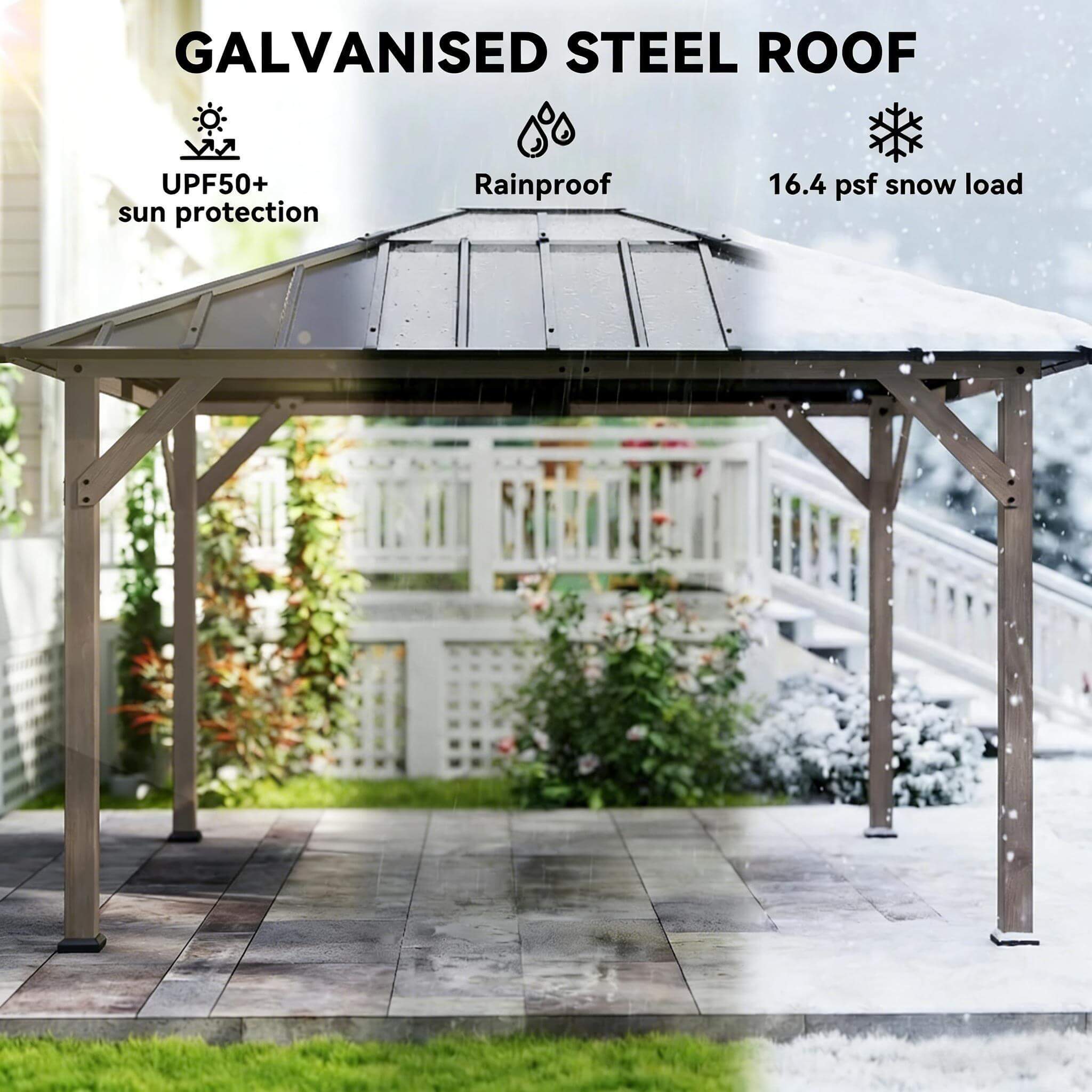 [08X10] Alora Heavy-Duty Fir Wood Hardtop Gazebo With Galvanized Steel Roof And Ceiling Hooks (SAK29467)