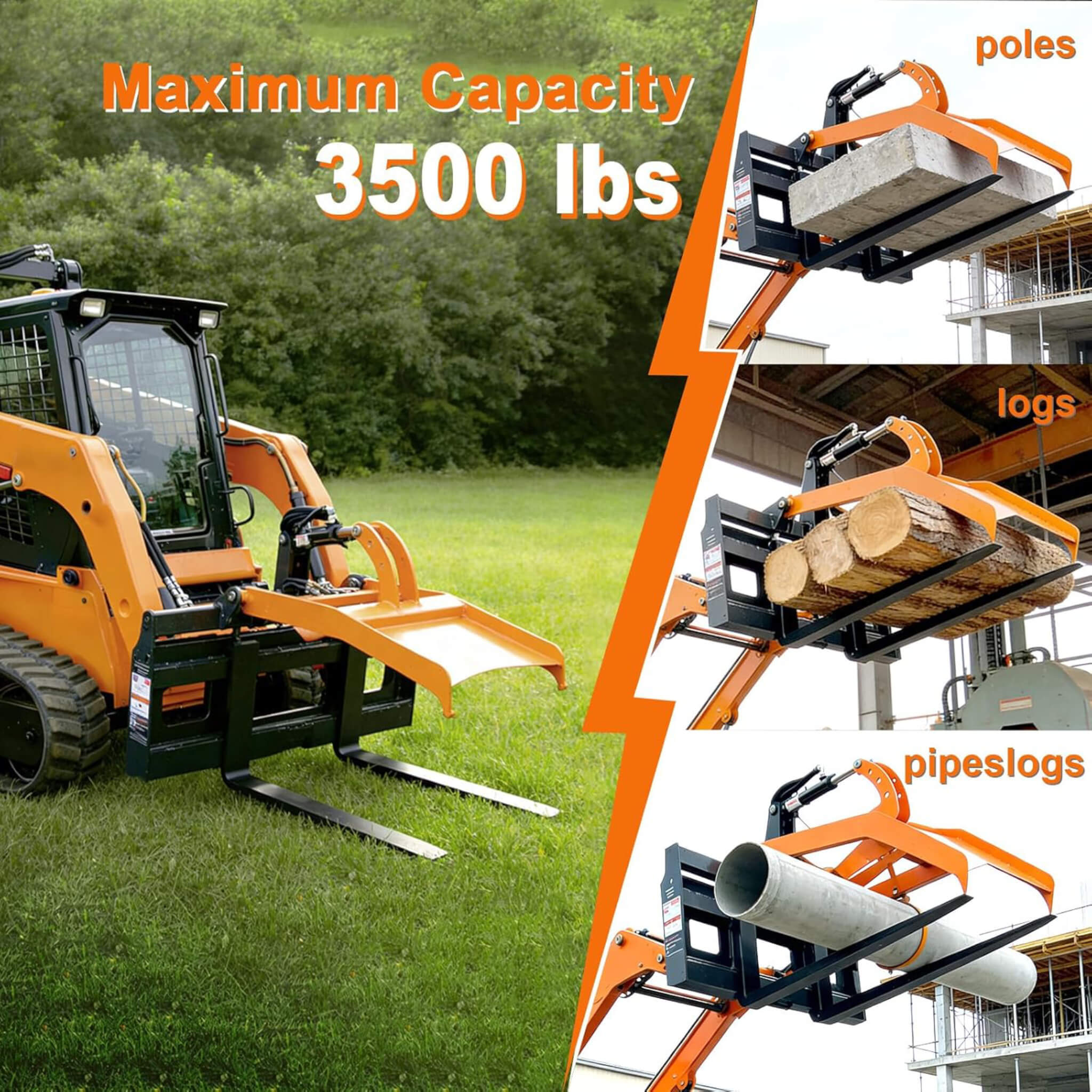 Heavy-Duty Fork Grapple Skid Steer Attachment With Universal Quick Attach (SAK10478)