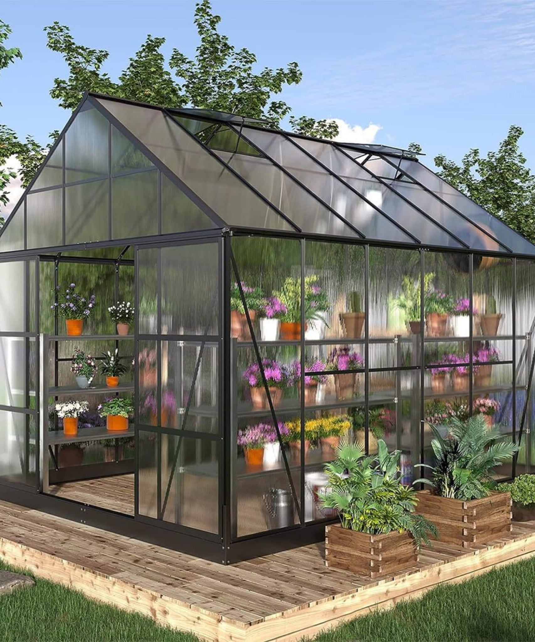 [10X12FT] Heavy-Duty Outdoor Walk-In Polycarbonate Patio Greenhouse With Sliding Doors & Vents (SAK92846)