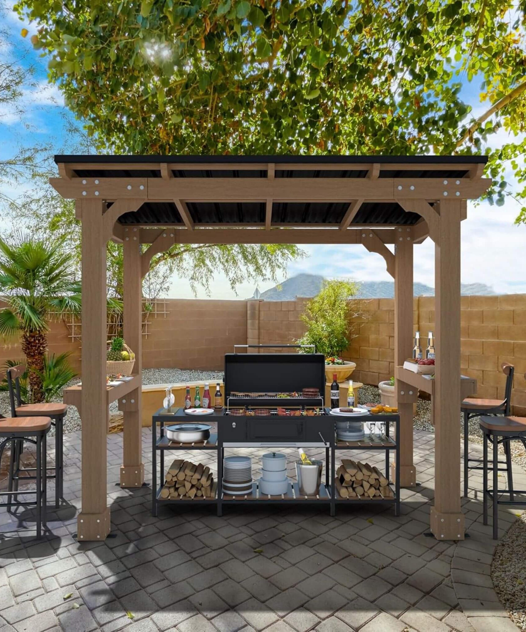 Alora Heavy-Duty Premium Wooden Grill Gazebo With Sloped Metal Roof (SAK61583)