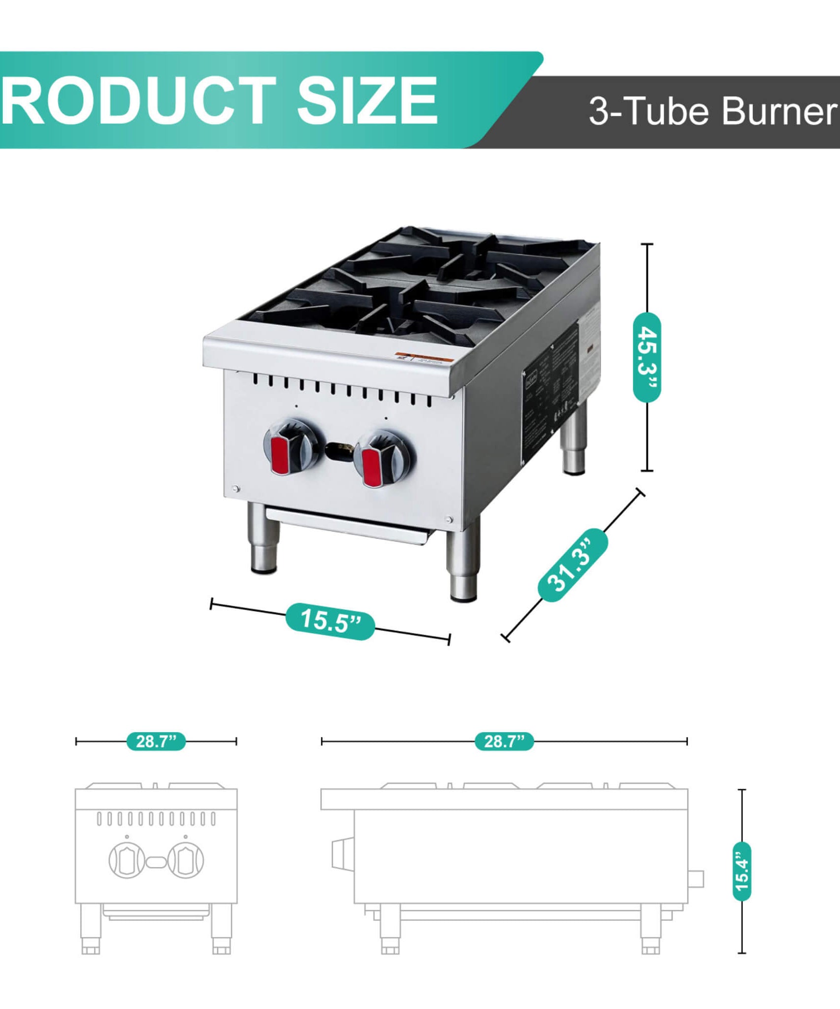 Heavy-Duty Stainless Steel Commercial 2-Burner 50K BTU Countertop Gas Stove Range (SAK29475)