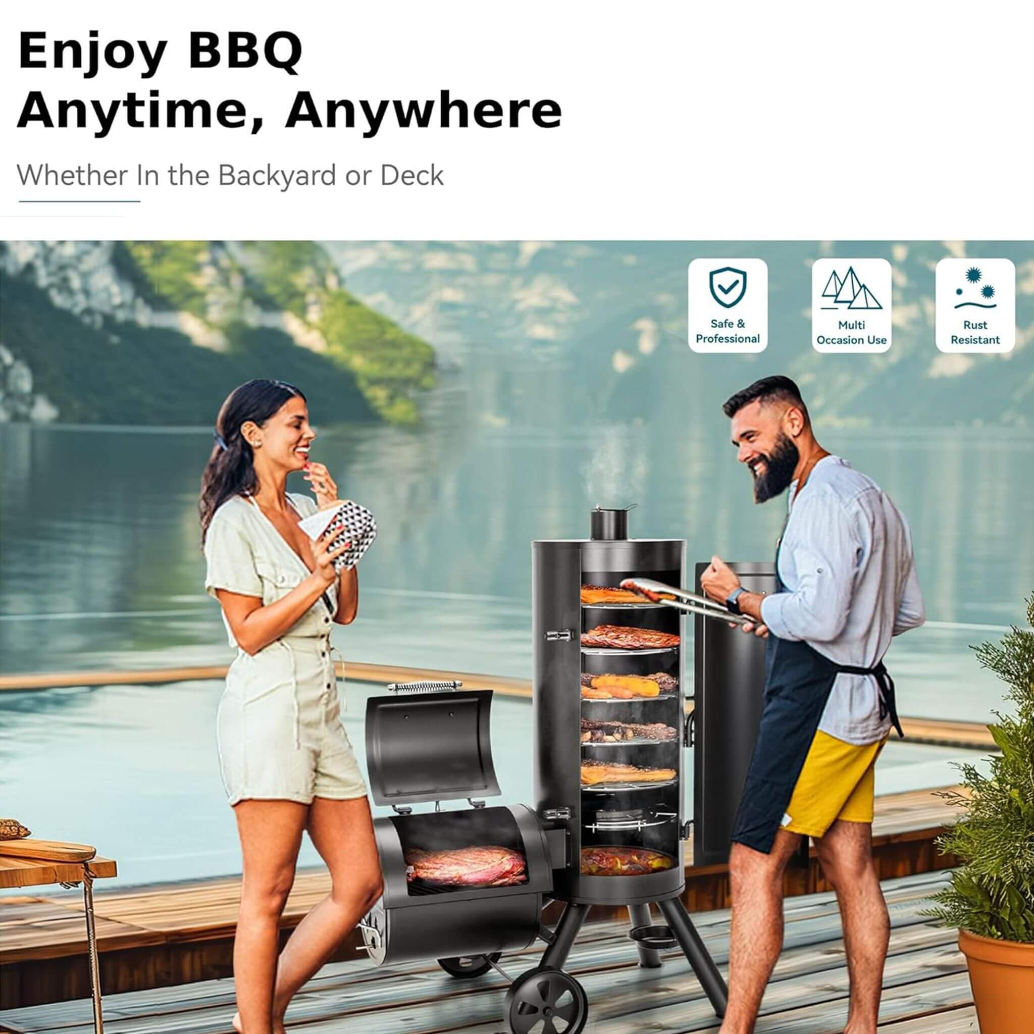 Heavy-Duty Vertical Extra-Large Charcoal Offset BBQ Smoker Grill Combo (SAK80247)