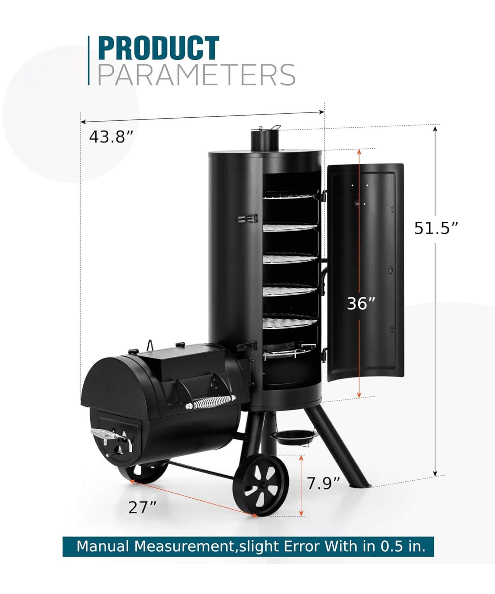 Heavy-Duty Vertical Extra-Large Charcoal Offset BBQ Smoker Grill Combo (SAK80247)