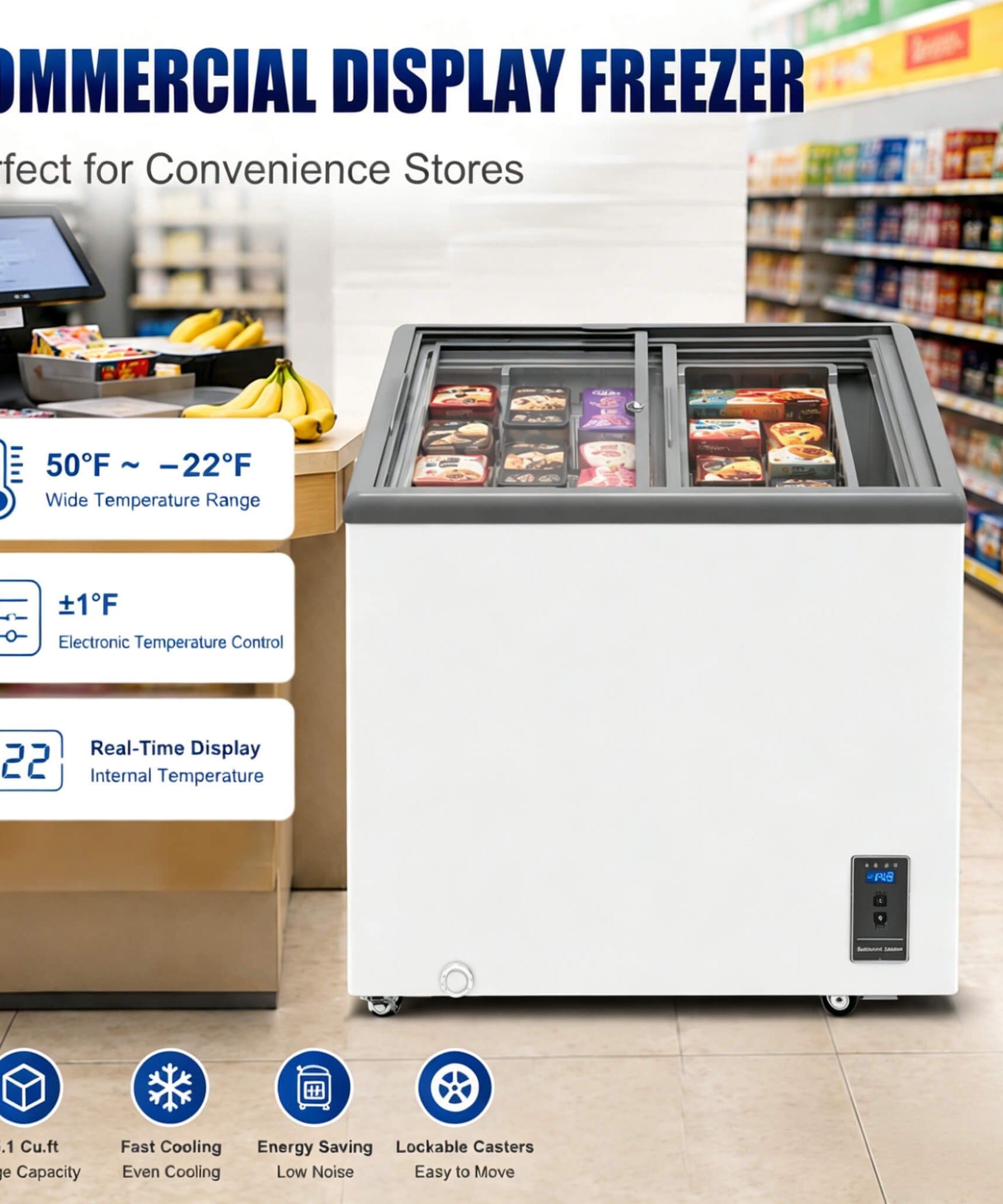 High-Efficiency Commercial Display Chest Freezer With Sliding Glass Door (SAK53174)