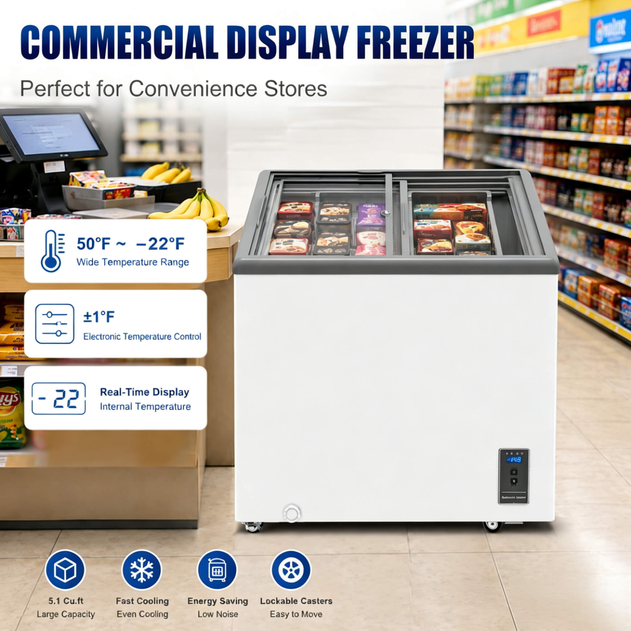 High-Efficiency Commercial Display Chest Freezer With Sliding Glass Door (SAK53174)