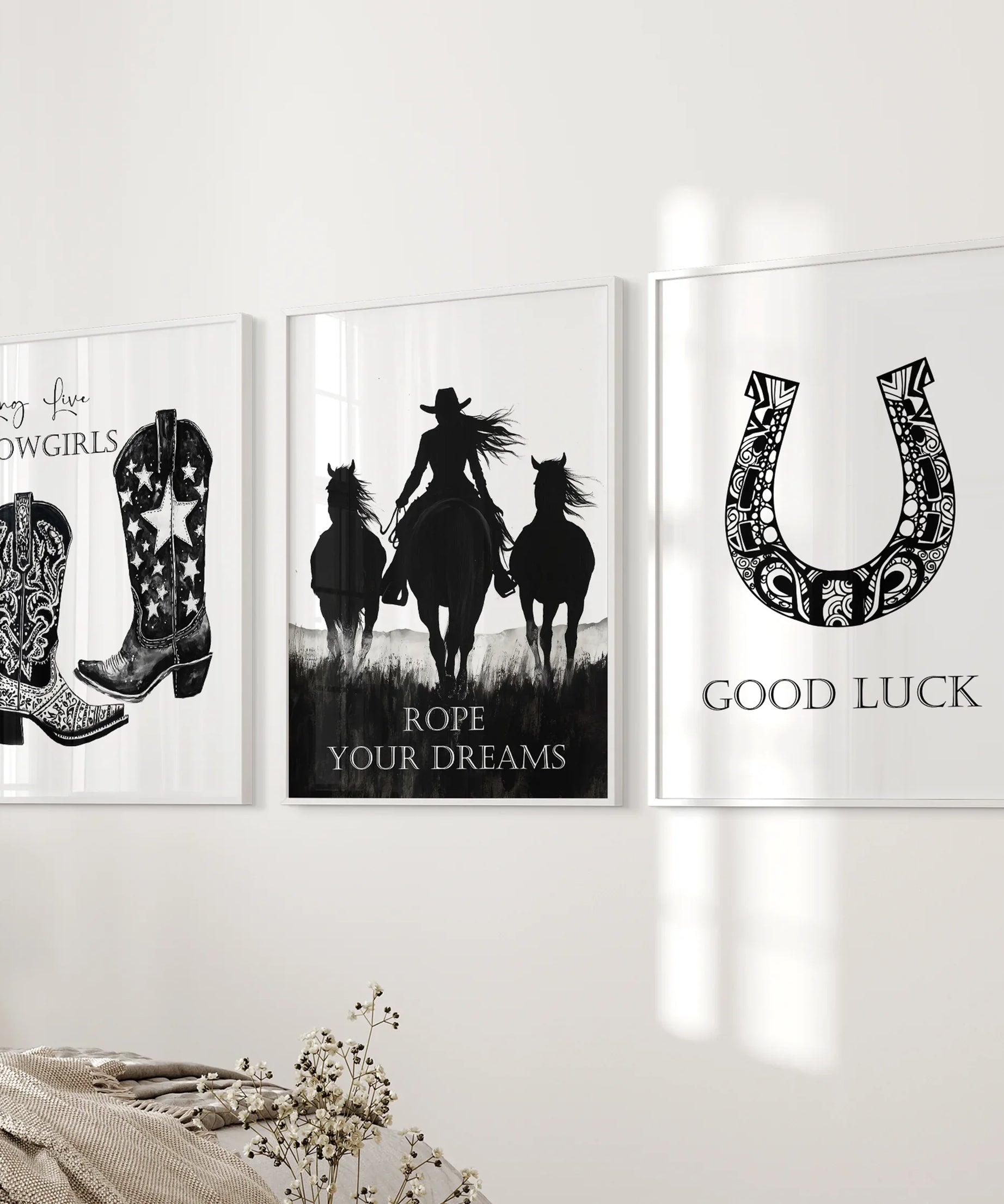 Black White Western Cowgirl 3 Piece Art. Boots, Horseshoe