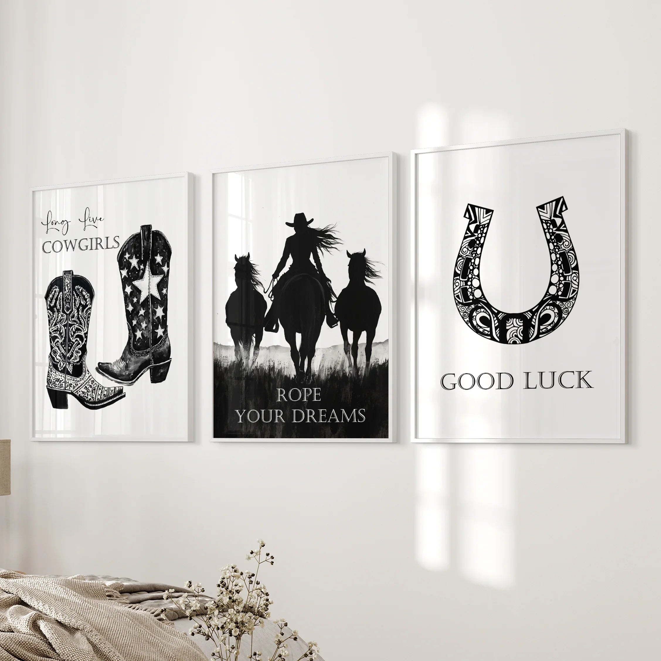 Black White Western Cowgirl 3 Piece Art. Boots, Horseshoe