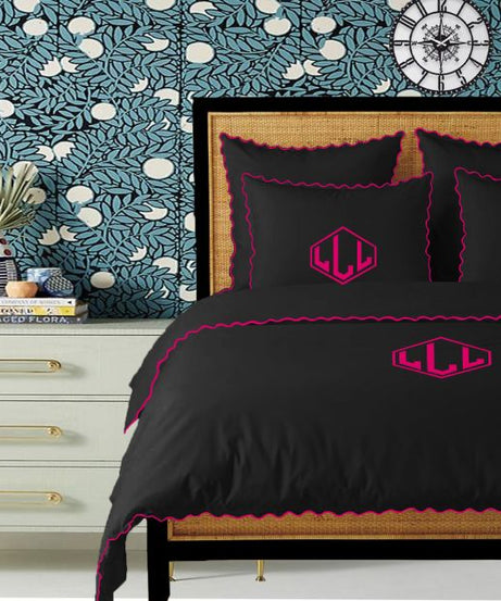 Monogram Black 400TC Cotton Small Scallop Embroidery Duvet Cover Set