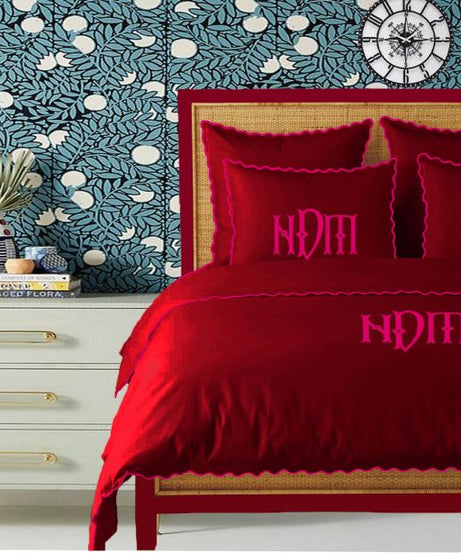 Monogram Burgundy 400TC Cotton Small Scallop Embroidery Duvet Cover Set