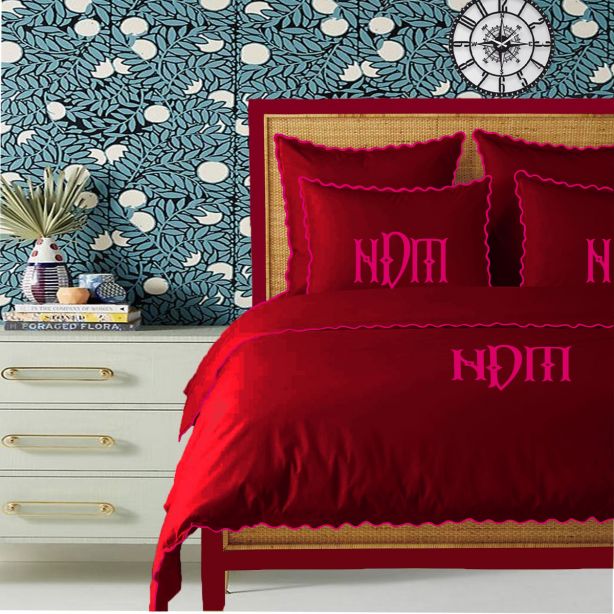 Monogram Burgundy 400TC Cotton Small Scallop Embroidery Duvet Cover Set