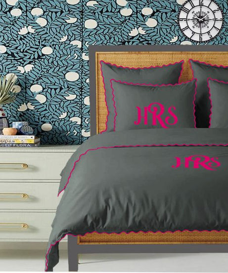 Monogram Dark Grey 400TC Cotton Small Scallop Embroidery Duvet Cover Set