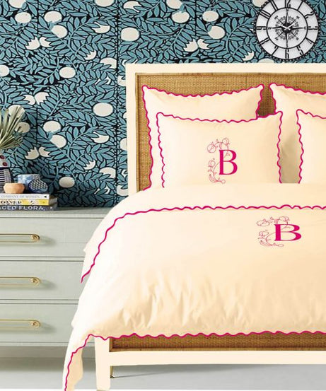 Monogram Ivory 400TC Cotton Small Scallop Embroidery Duvet Cover Set