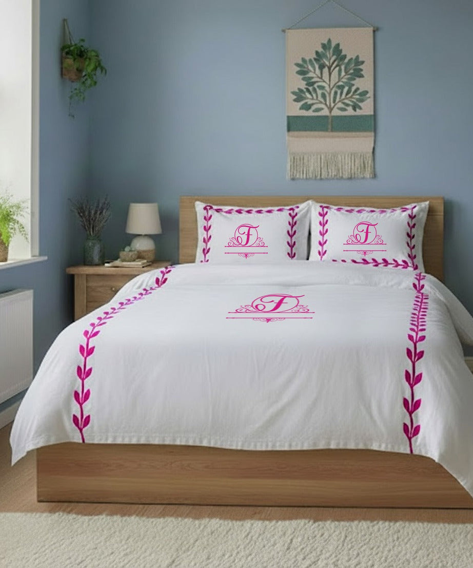 Monogram Layered Leaf Applique Cotton Duvet Cover Set
