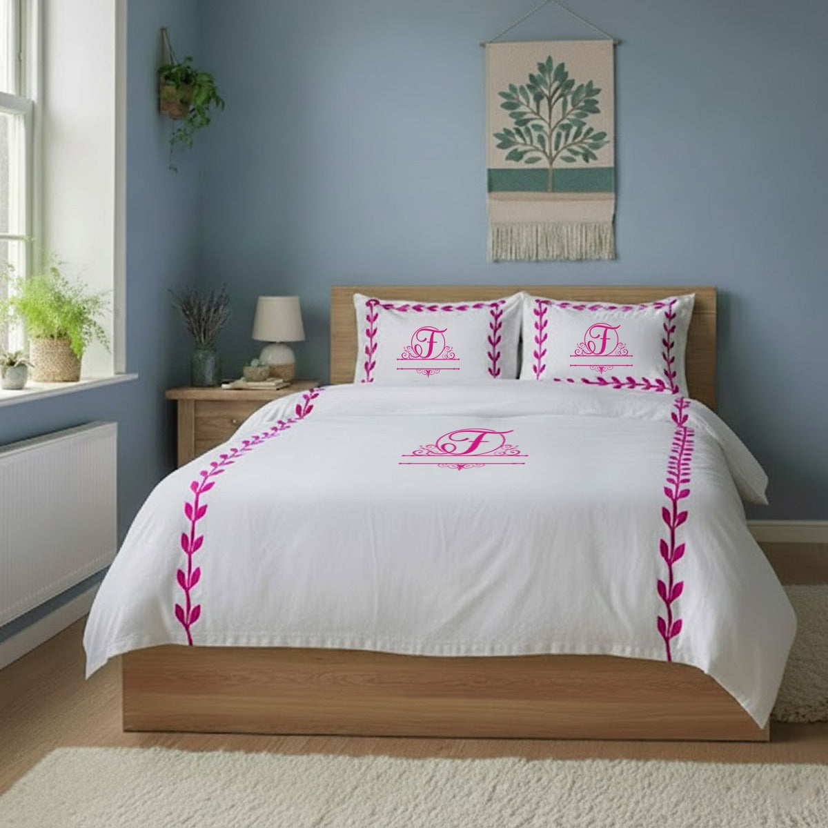 Monogram Layered Leaf Applique Cotton Duvet Cover Set