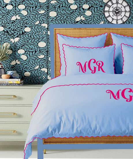 Monogram Light Blue 400TC Cotton Small Scallop Embroidery Duvet Cover Set