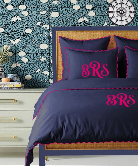 Monogram Navy 400TC Cotton Small Scallop Embroidery Duvet Cover Set