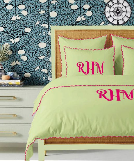 Monogram Sage 400TC Cotton Small Scallop Embroidery Duvet Cover Set