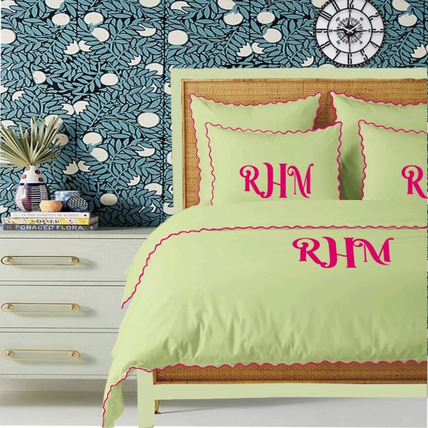Monogram Sage 400TC Cotton Small Scallop Embroidery Duvet Cover Set