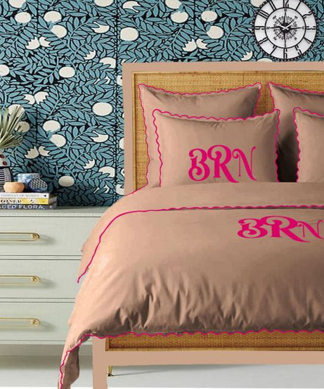 Monogram Taupe 400TC Cotton Small Scallop Embroidery Duvet Cover Set