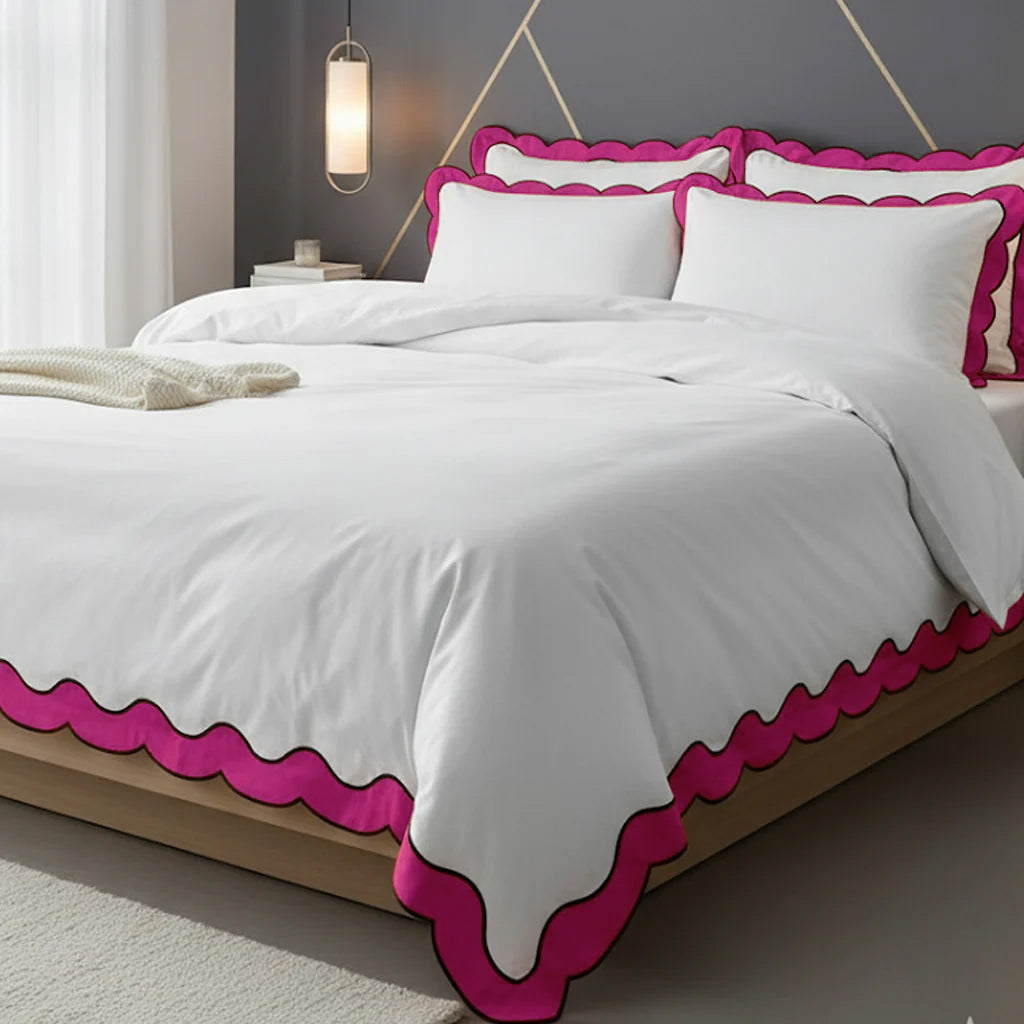 Scalloped & Wavy Applique Embroidery Cotton Duvet Cover Set