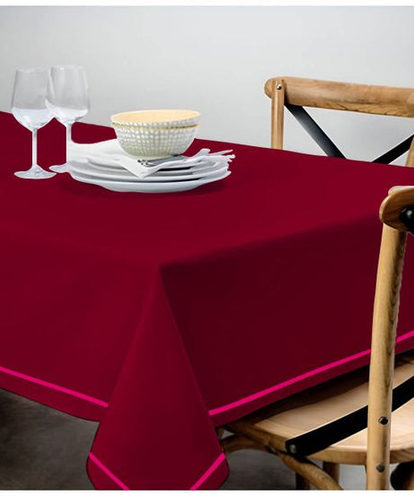 Single Embroidery Border Sateen Cotton Solid Table Cloth - Burgundy