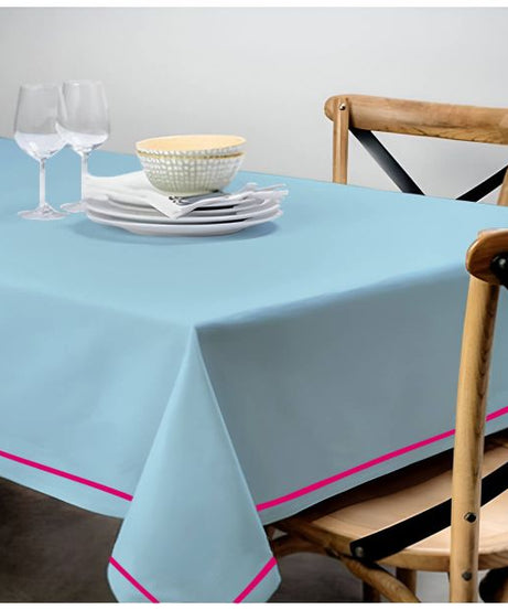 Single Embroidery Border Sateen Cotton Solid Table Cloth - Light Blue