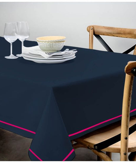 Single Embroidery Border Sateen Cotton Solid Table Cloth - Navy