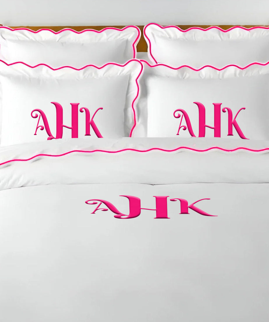 Monogram 400TC Cotton Scallop Embroidery Sateen Solid Duvet Cover Set