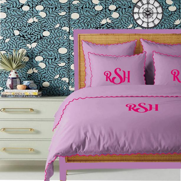 Monogram Lilac 400TC Cotton Small Scallop Embroidery Duvet Cover Set