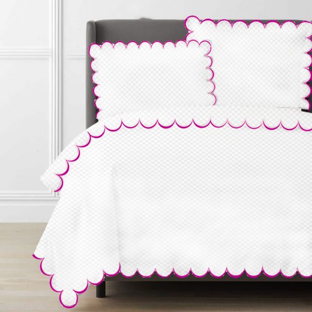 Allena 400TC Cotton Scallop Embroidery Sateen Microcheck Duvet Cover Set